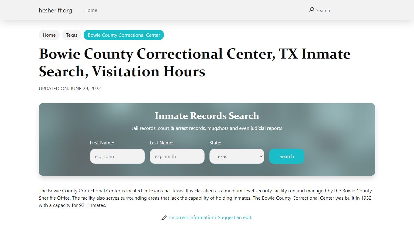 Bowie County Correctional Center , TX Inmate Search, Visitation Hours